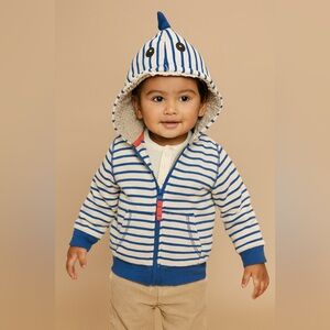 Baby Boden Kid’s Striped Ivory/Greek Blue Appliqué Shark Fleece Jacket w/ Hoodie